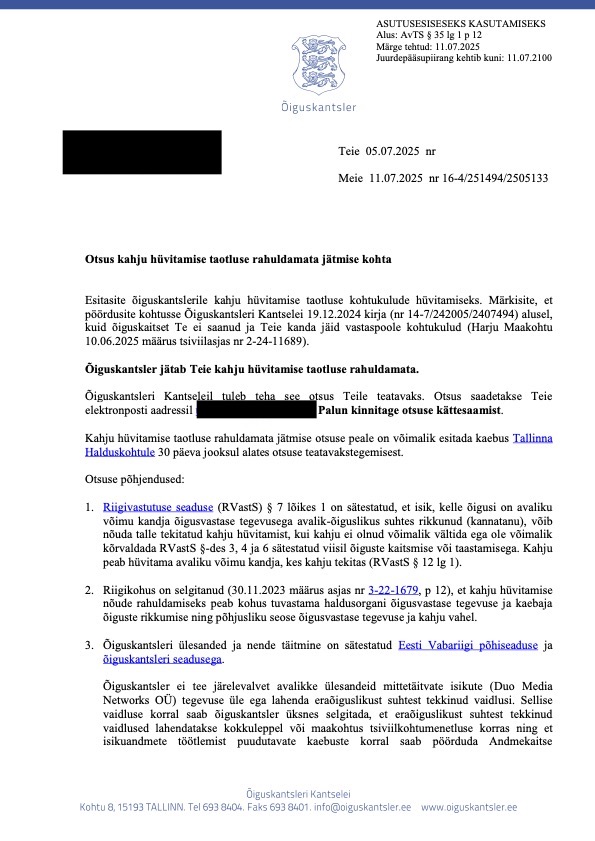 14.07.2025 Õiguskanstleri Ülle Madise vastus ma pole jurist ja ei vastuta millegi eest