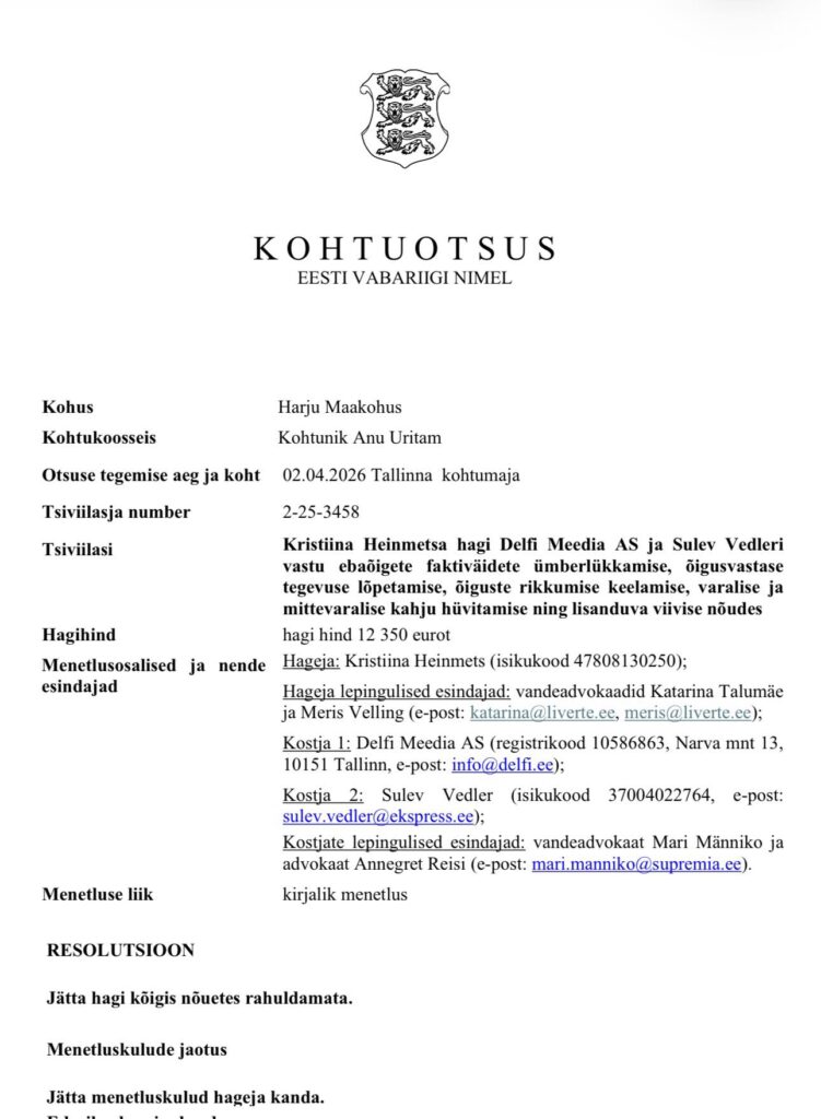 Kristiina Heinmets Delfi 2-25-3458 Anu Uritam kallutatud vabamüürlaste kohtunik,